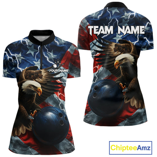 American Flag Eagle Lightning Thunder Bowling Shirts For Women Custom Patriotic Bowling Team Jerseys NQS11059