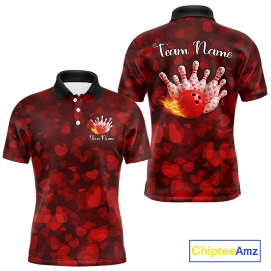 Red Hearts pattern Valentine Bowling Polo, 1/4 zip Shirts For Men Custom Bowling Couple Outfits NQS11251