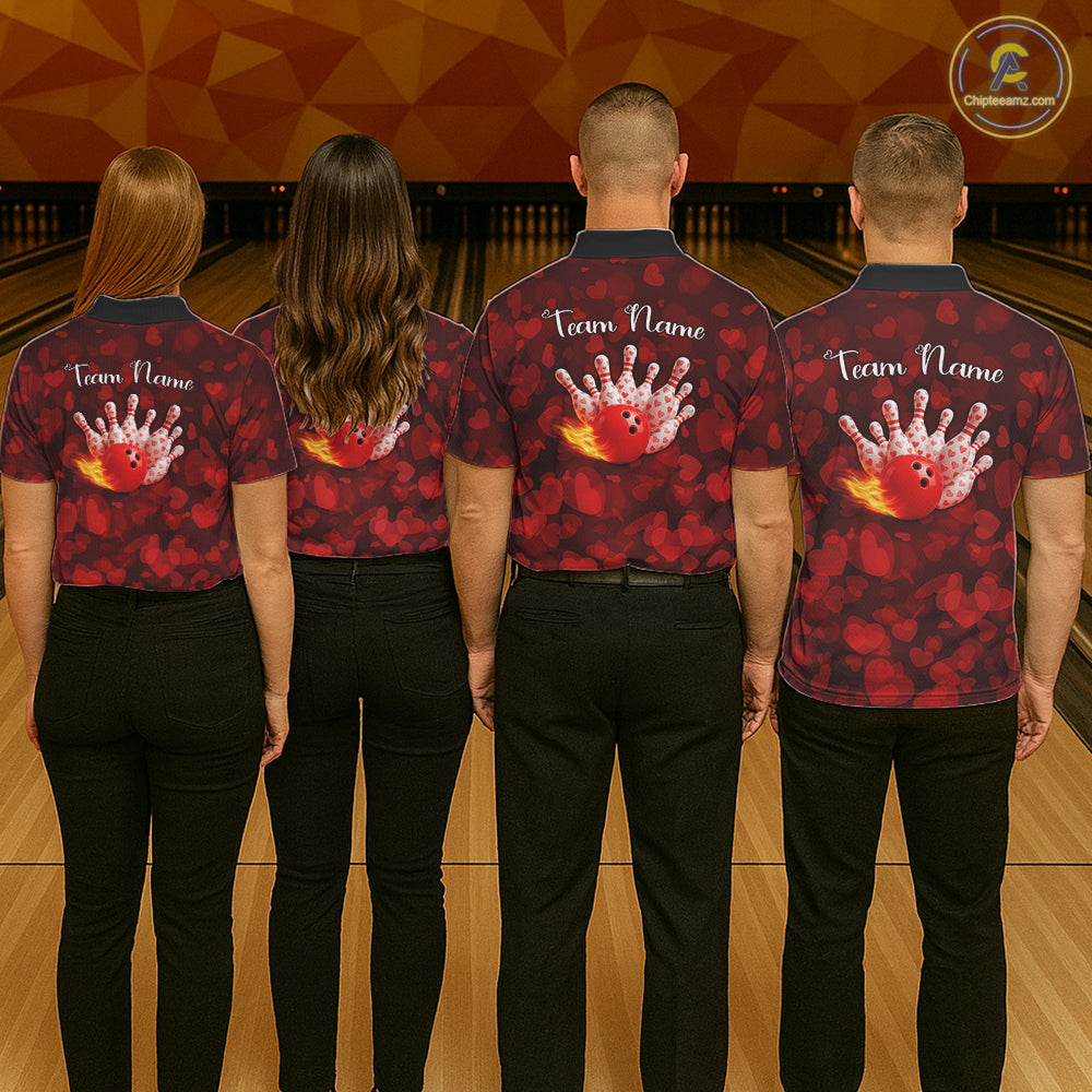 Red Hearts pattern Valentine matching bowling shirts for couples Custom Bowling Couple Outfits NQS11251