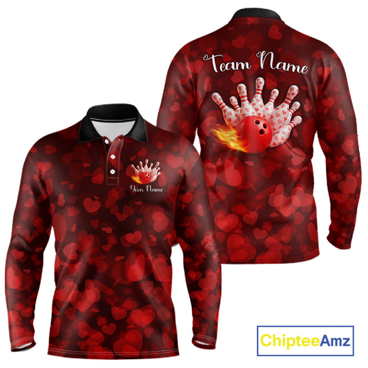 Red Hearts pattern Valentine Bowling Polo, 1/4 zip Shirts For Men Custom Bowling Couple Outfits NQS11251