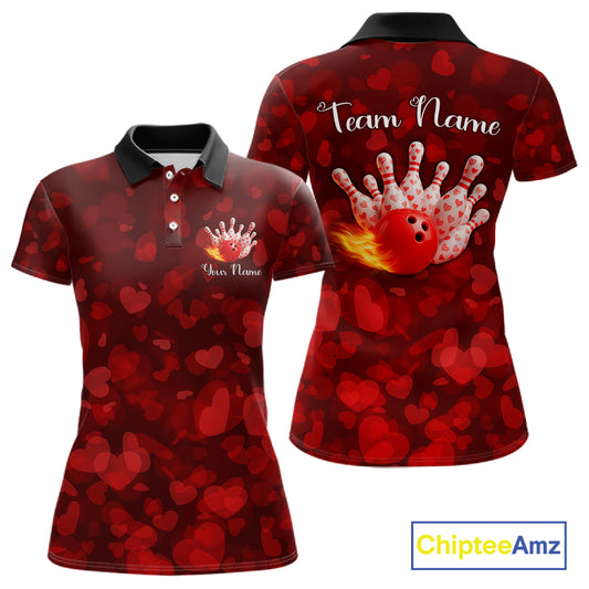 Red Hearts pattern Valentine Bowling Polo, 1/4 zip Shirts For Women Custom Bowling Couple Outfits NQS11251
