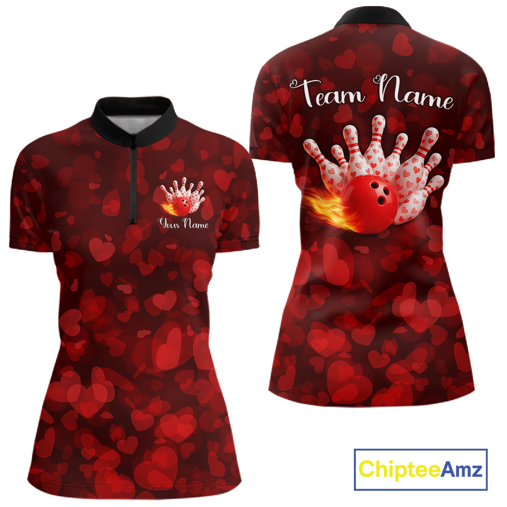Red Hearts pattern Valentine matching bowling shirts for couples Custom Bowling Couple Outfits NQS11251