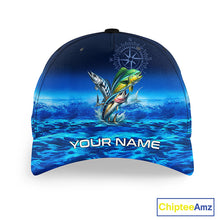 Load image into Gallery viewer, Personalized Mahi Mahi, Wahoo, Tuna Blue fishing hat, compass offshore tournament Angler hat cap NQS11252