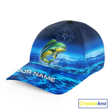 Load image into Gallery viewer, Personalized Mahi Mahi Blue sea fishing hat, compass offshore tournament Angler hat cap NQS11253