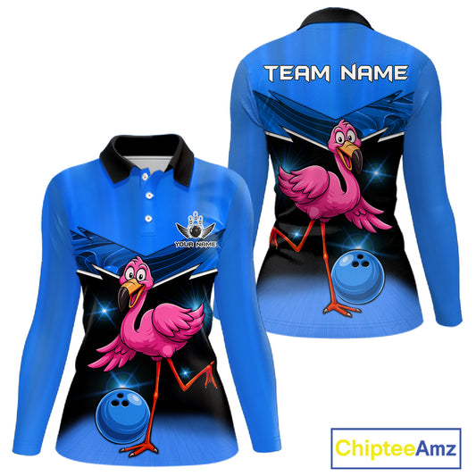 Funny Pink Flamingo Bowling Polo, 1/4 zip shirts for Women Custom Flamingo Team bowling outfit | Blue NQS11653