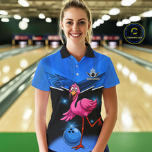 Load image into Gallery viewer, Funny Pink Flamingo Bowling Polo, 1/4 zip shirts for Women Custom Flamingo Team bowling outfit | Blue NQS11653