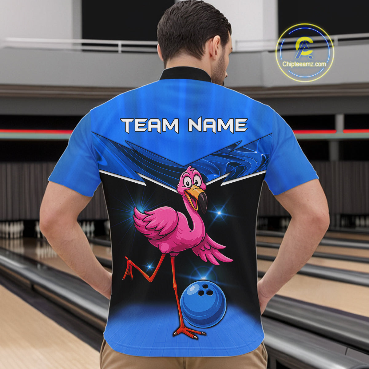 Funny Pink Flamingo Bowling Polo, 1/4 zip shirts for Men Custom Flamingo Team bowling outfit | Blue NQS11653