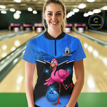 Load image into Gallery viewer, Funny Pink Flamingo Bowling Polo, 1/4 zip shirts for Women Custom Flamingo Team bowling outfit | Blue NQS11653