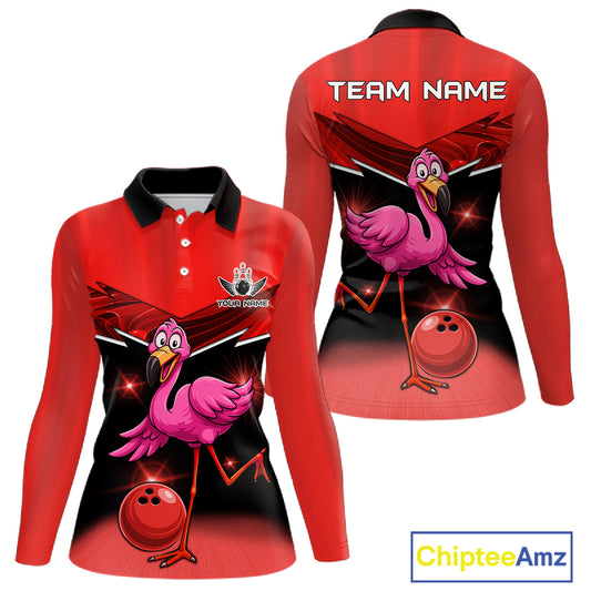 Funny Pink Flamingo Bowling Polo, 1/4 zip shirts for Women Custom Flamingo Team bowling outfit | Red NQS11654