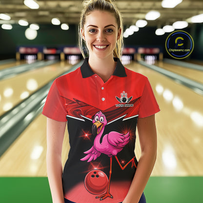 Funny Pink Flamingo Bowling Polo, 1/4 zip shirts for Women Custom Flamingo Team bowling outfit | Red NQS11654