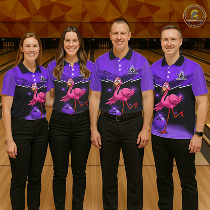 Funny Pink Flamingo Bowling Polo, 1/4 zip shirts for Men Custom Flamingo Team bowling outfit | Purple NQS11655