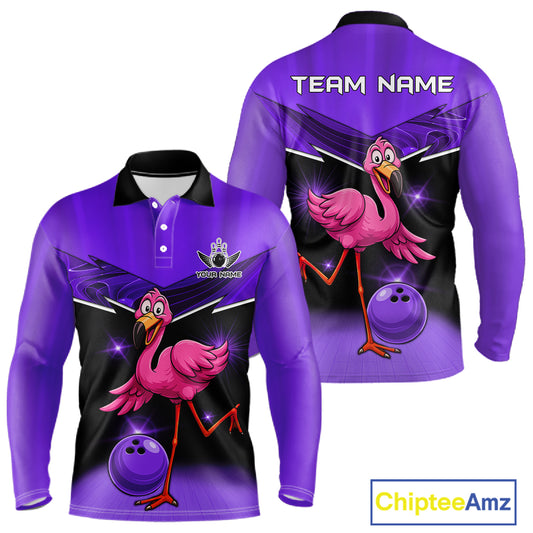 Funny Pink Flamingo Bowling Polo, 1/4 zip shirts for Men Custom Flamingo Team bowling outfit | Purple NQS11655