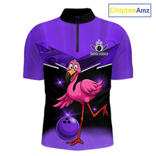 Load image into Gallery viewer, Funny Pink Flamingo Bowling Polo, 1/4 zip shirts for Men Custom Flamingo Team bowling outfit | Purple NQS11655