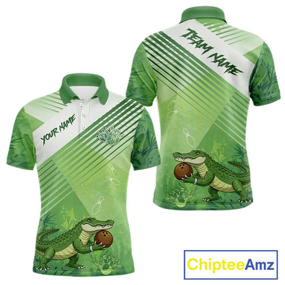 Funny Alligator Bowling Polo, 1/4 Zip Shirts For Men Custom Alligator Bowling Team Jerseys | Green NQS11742