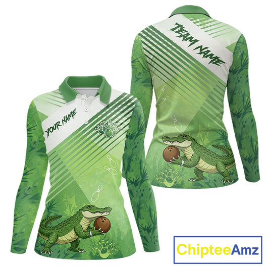 Funny Alligator Bowling Polo, 1/4 Zip Shirts For Women Custom Alligator Bowling Team Jerseys | Green NQS11742