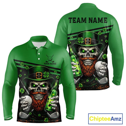 Green St Patrick Skull Golf and Beer Polo Golf shirts for Men Custom Team Mens Golf attire NQS11475