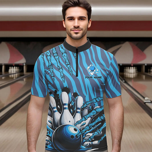Funny Claw Blue Camo Men's bowling outfits custom bowling polo, Quarter Zip Shirts team jerseys NQS9704
