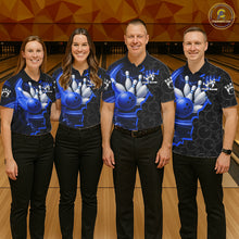 Load image into Gallery viewer, Black and Blue Camo Bowling Polo, 1/4 Zip Shirts For Men Custom Bowling Team Jersey, Bowler Outfit NQS11750