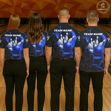 Load image into Gallery viewer, Black and Blue Camo Bowling Polo, 1/4 Zip Shirts For Men Custom Bowling Team Jersey, Bowler Outfit NQS11750