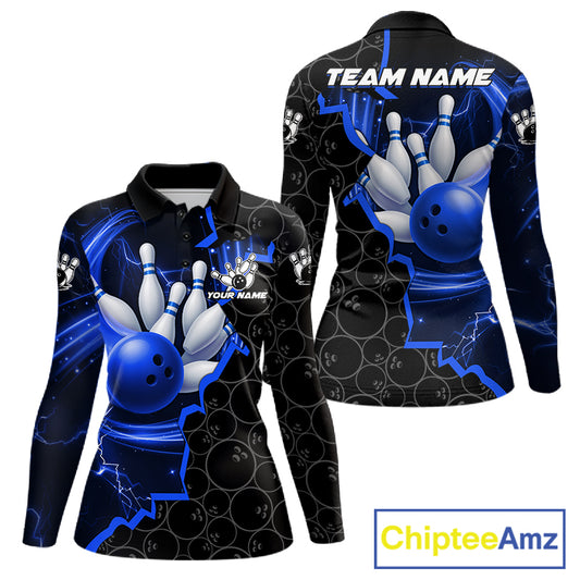 Black and Blue Camo Bowling Polo, 1/4 Zip Shirts For Women Custom Bowling Team Jersey, Bowler Outfit NQS11750