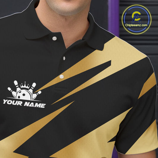 Black and Gold Bowling Polo, Quarter Zip Shirts For Men Custom Team bowling jerseys, gift for bowlers NQS11069