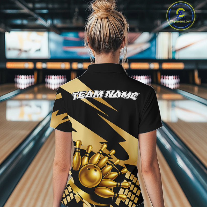 Black and Gold Bowling Polo, Quarter Zip Shirt For Women Custom Team bowling jersey, gift for bowlers NQS11069