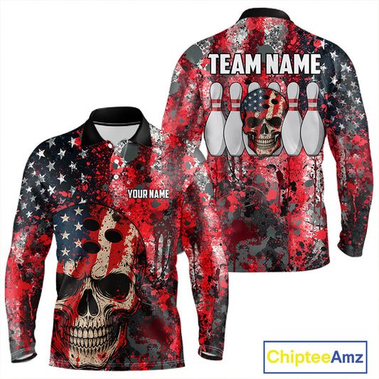 Red, White & Blue American Flag Skull Bowling shirts For Men Custom patriotic Team Bowling Jersey NQS11275