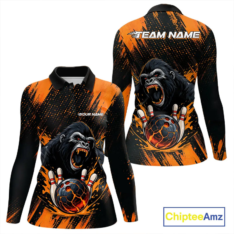 Black and Orange pattern Angry Gorilla Bowling shirts For Women Custom Gorilla Team Bowling Jerseys NQS11278
