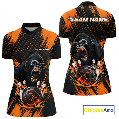 Black and Orange pattern Angry Gorilla Bowling shirts For Women Custom Gorilla Team Bowling Jerseys NQS11278