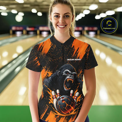 Black and Orange pattern Angry Gorilla Bowling shirts For Women Custom Gorilla Team Bowling Jerseys NQS11278