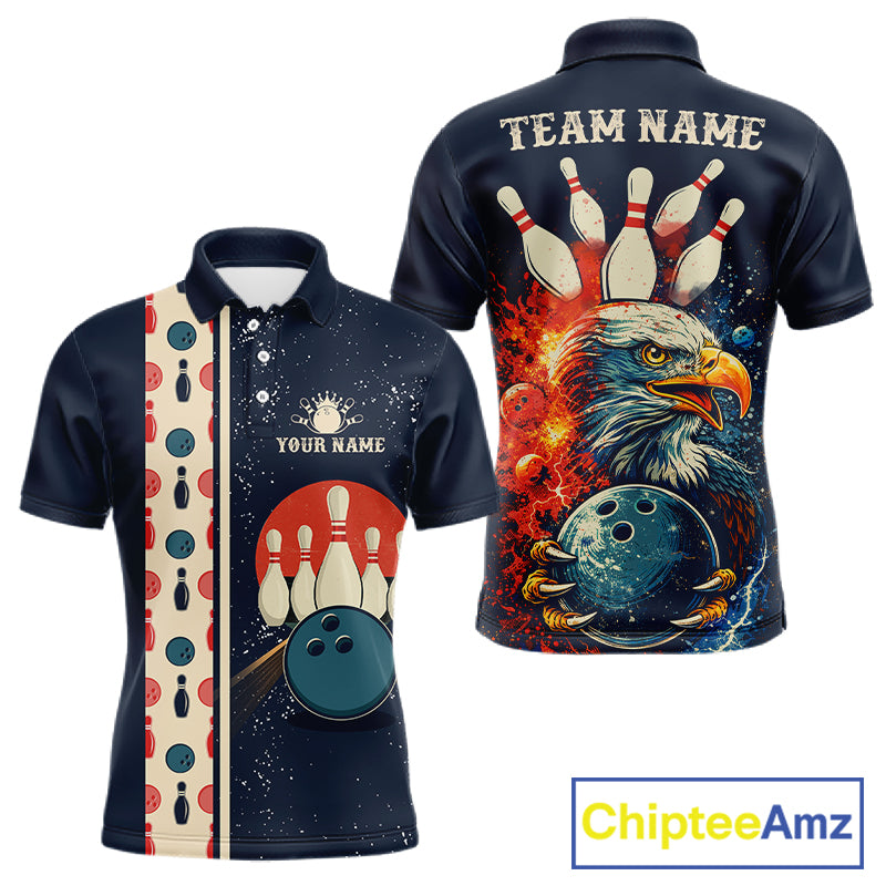 Custom Red, white and blue Eagle Retro Bowling Polo, 1/4 zip Shirts For Men, Bowling Team jerseys NQS11666