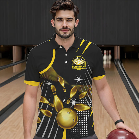 Funny Black and Gold Mens Bowling Polo, 1/4 Zip Shirts Custom Bowling outfit men Team Jerseys NQS9712