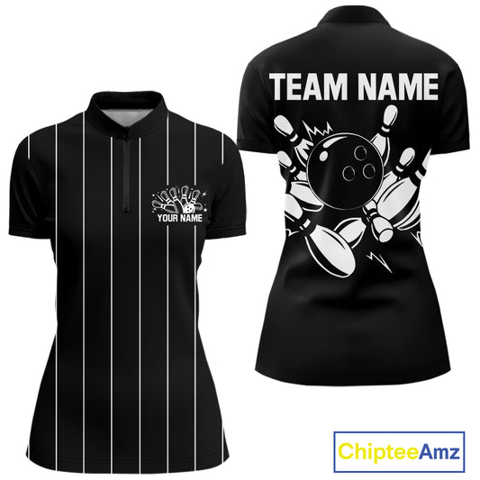 Black and White Plaid Bowling Polo, Quarter Zip shirts For Women Custom Bowling Team Uniform Jersey NQS10891