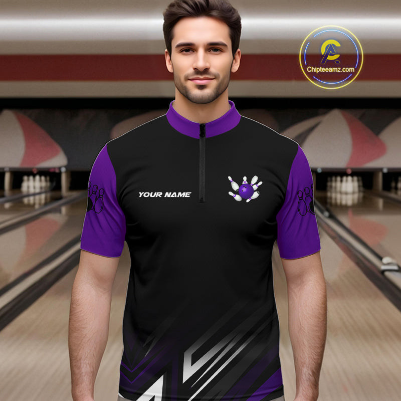 Personalized Bowling shirts for men custom Black and Purple Bowling team jerseys, gift for bowlers NQS11080