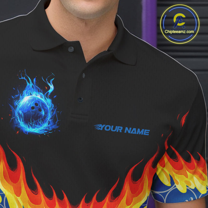 Black and Blue Camo Flame Bowling Polo, 1/4 zip shirts for Men Custom team men's bowling jerseys NQS11492