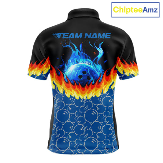 Black and Blue Camo Flame Bowling Polo, 1/4 zip shirts for Men Custom team men's bowling jerseys NQS11492