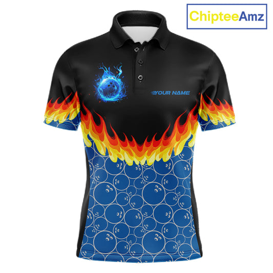 Black and Blue Camo Flame Bowling Polo, 1/4 zip shirts for Men Custom team men's bowling jerseys NQS11492