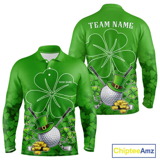 Green shamrock pattern St Patrick's Day Men's golf polo shirts custom mens golf tops, golfing gifts NQS11495