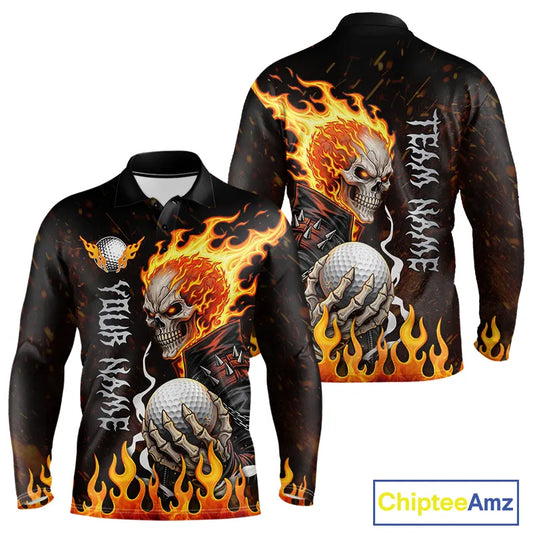Custom Orange Flame Skull Golf Polo Shirts For men,  team mens golf tees cool golf gifts NQS11497