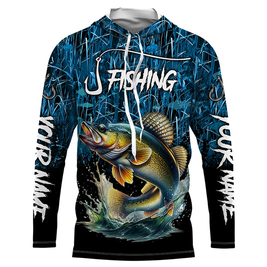 Walleye Fishing blue camo fishing Custom name UV protection long sleeves fishing shirts NQS5770