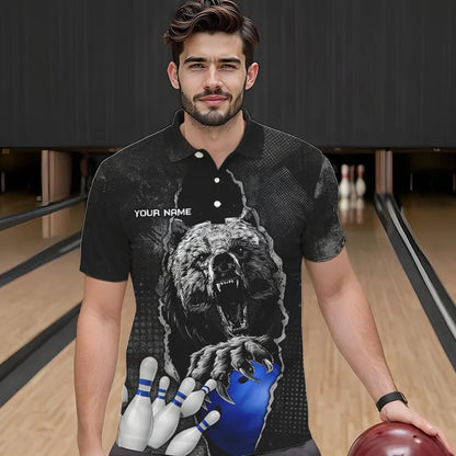 Black Bear grunge pattern Custom Men Bowling Polo, 1/4 Zip Shirts Bowling Team Jerseys Outfits | Blue NQS9407