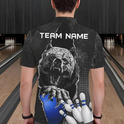 Black Bear grunge pattern Custom Men Bowling Polo, 1/4 Zip Shirts Bowling Team Jerseys Outfits | Blue NQS9407