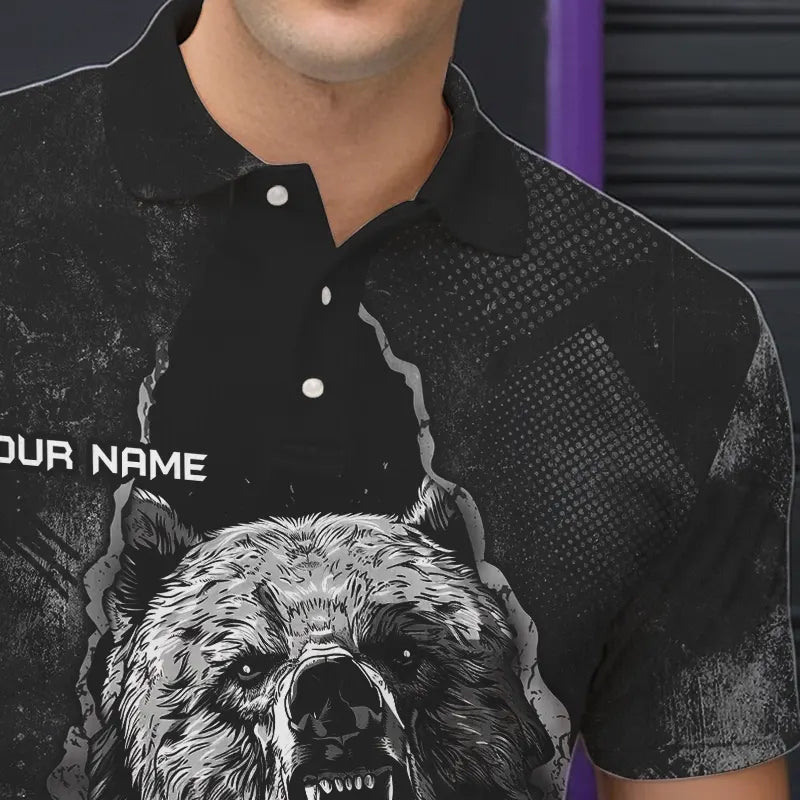 Black Bear grunge pattern Custom Men Bowling Polo, 1/4 Zip Shirts Bowling Team Jerseys Outfits | Blue NQS9407