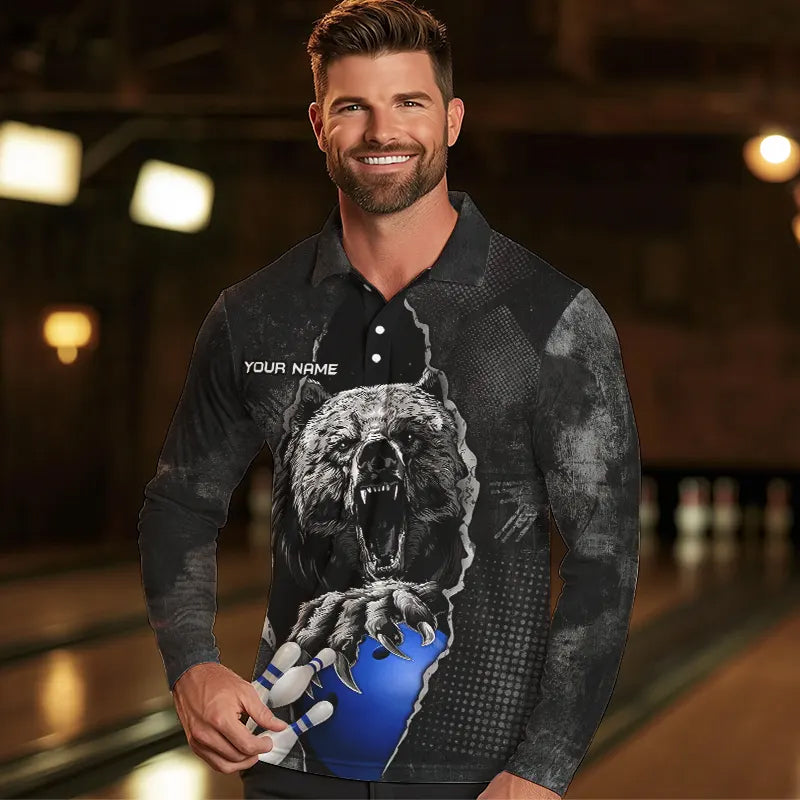 Black Bear grunge pattern Custom Men Bowling Polo, 1/4 Zip Shirts Bowling Team Jerseys Outfits | Blue NQS9407