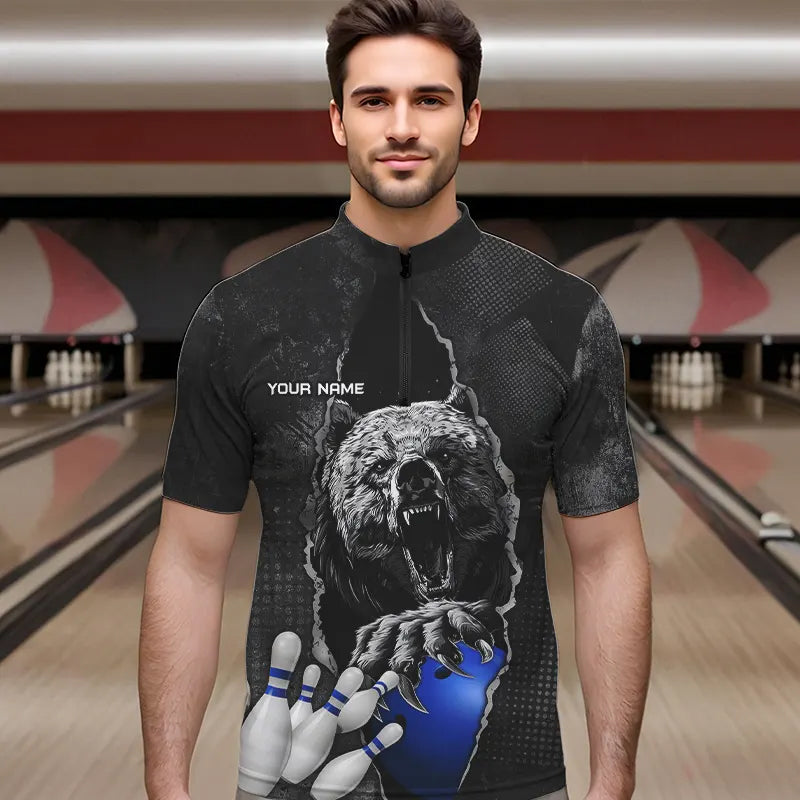 Black Bear grunge pattern Custom Men Bowling Polo, 1/4 Zip Shirts Bowling Team Jerseys Outfits | Blue NQS9407