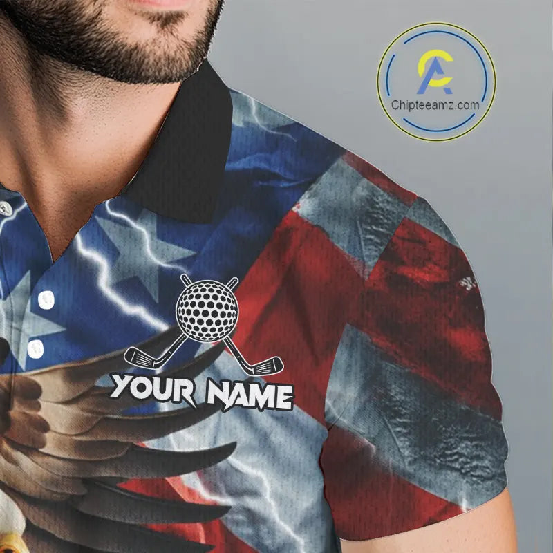 American Flag Eagle Lightning Thunder Golf Polo Shirts For Men Custom Patriotic Golf Team Jerseys NQS11503