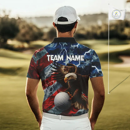 American Flag Eagle Lightning Thunder Golf Polo Shirts For Men Custom Patriotic Golf Team Jerseys NQS11503