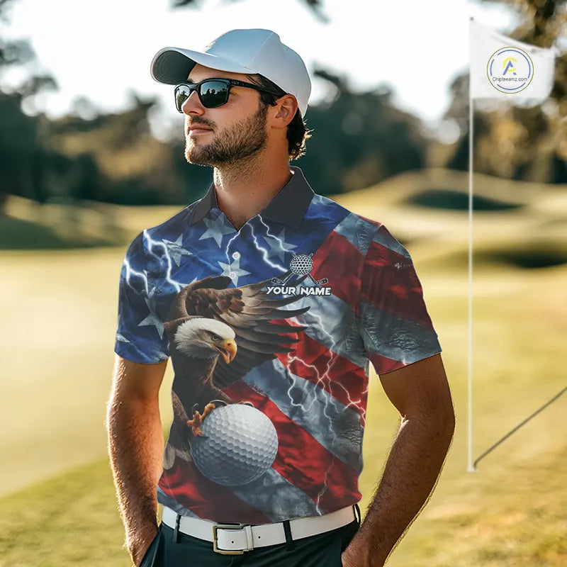 American Flag Eagle Lightning Thunder Golf Polo Shirts For Men Custom Patriotic Golf Team Jerseys NQS11503