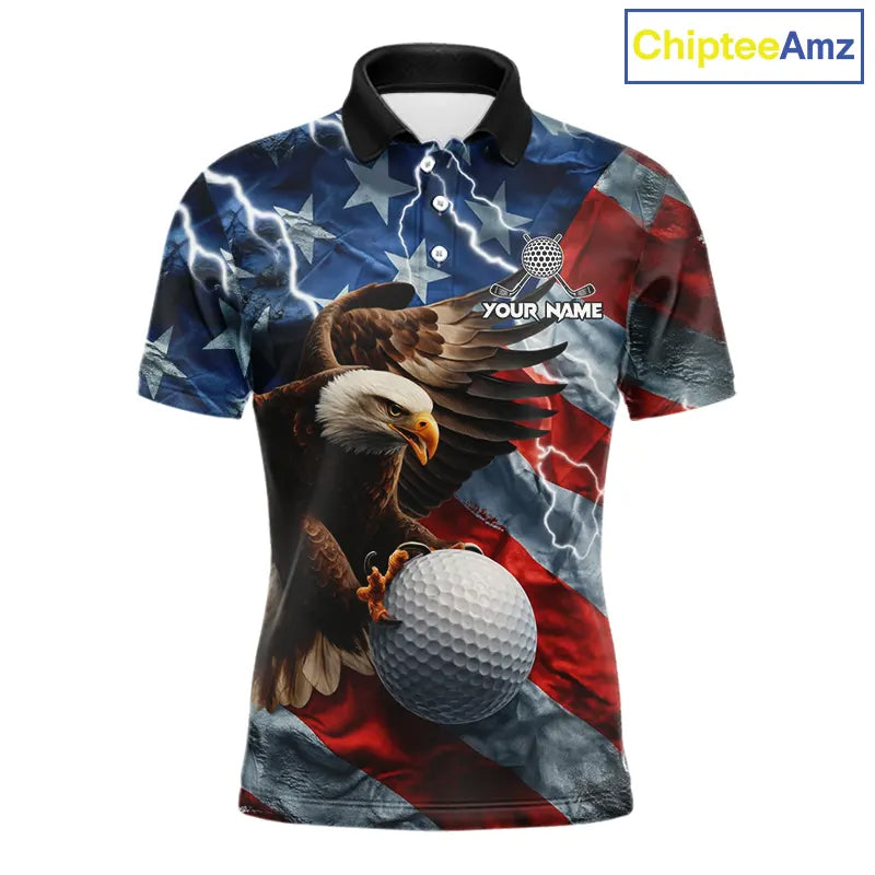 American Flag Eagle Lightning Thunder Golf Polo Shirts For Men Custom Patriotic Golf Team Jerseys NQS11503