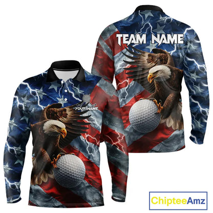 American Flag Eagle Lightning Thunder Golf Polo Shirts For Men Custom Patriotic Golf Team Jerseys NQS11503